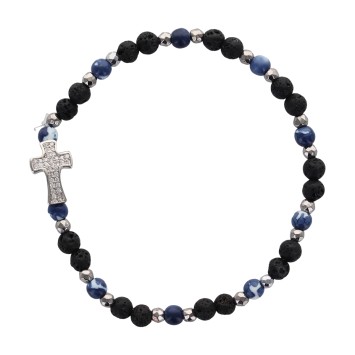 Bracelet sur elastique, grains ronds Ø 4 mm, pierre de lave naturelle & pierre synthetique, croix avec strass. Lot 5 assortis.
